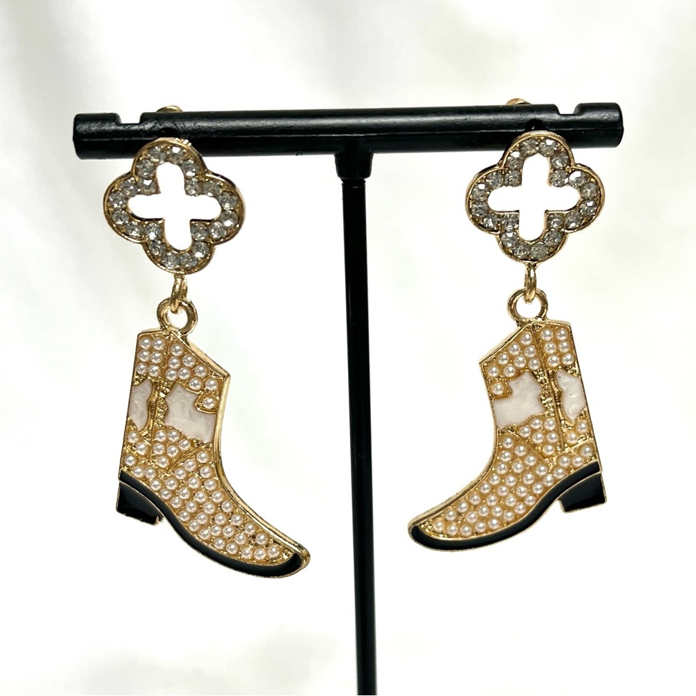 Earrings, western boots, golden with small beads/rhinestones, NIP, 2” x 1”